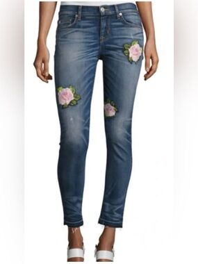 Hudson Jeans Dark Blue Skinny Jeans with Pink Rose Patches